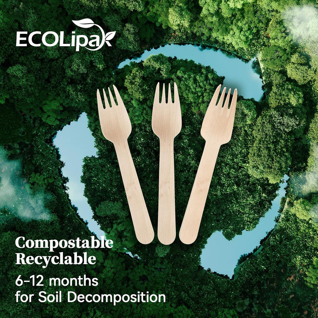 300 Count Compostable Wooden Disposable Forks for Party, Dinner