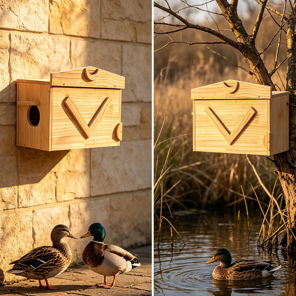 Handcrafted Solid Wood Duck House - Large Natural Outdoor Duck Nesting Box for Wood Ducks & Mergansers, Easy Pole
