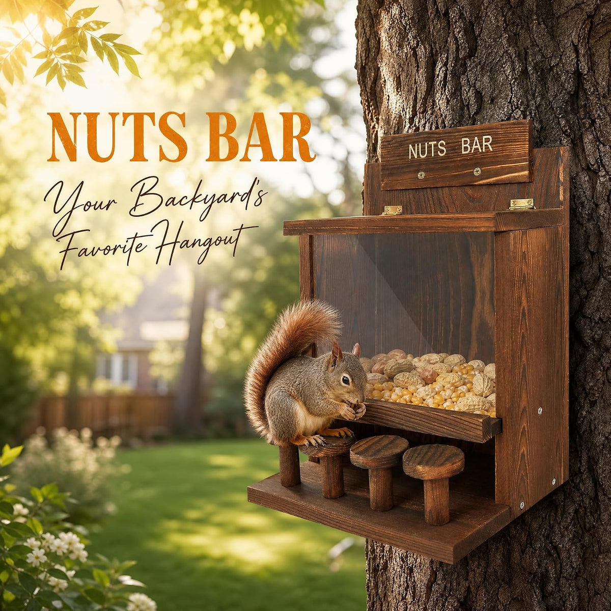 Wooden Squirrel Feeder, Squirrel Bar Feeder with 4 Stools, Large Capacity Outdoor Squirrel Feeder, Weatherproof