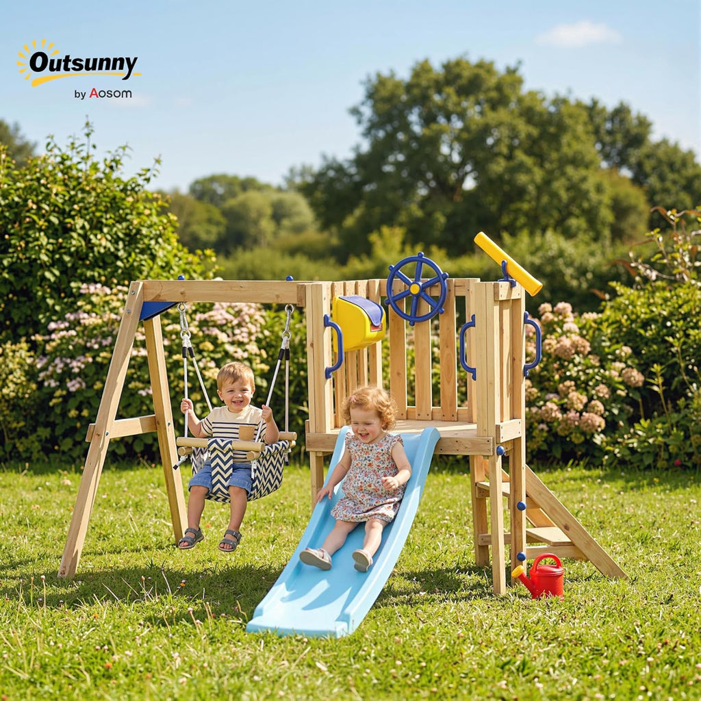 Swing Set for Backyard Wooden Toddler Playset Ages 1.5-4 Natural | Outdoor Playset, Baby Swing Seat, Kids Slide