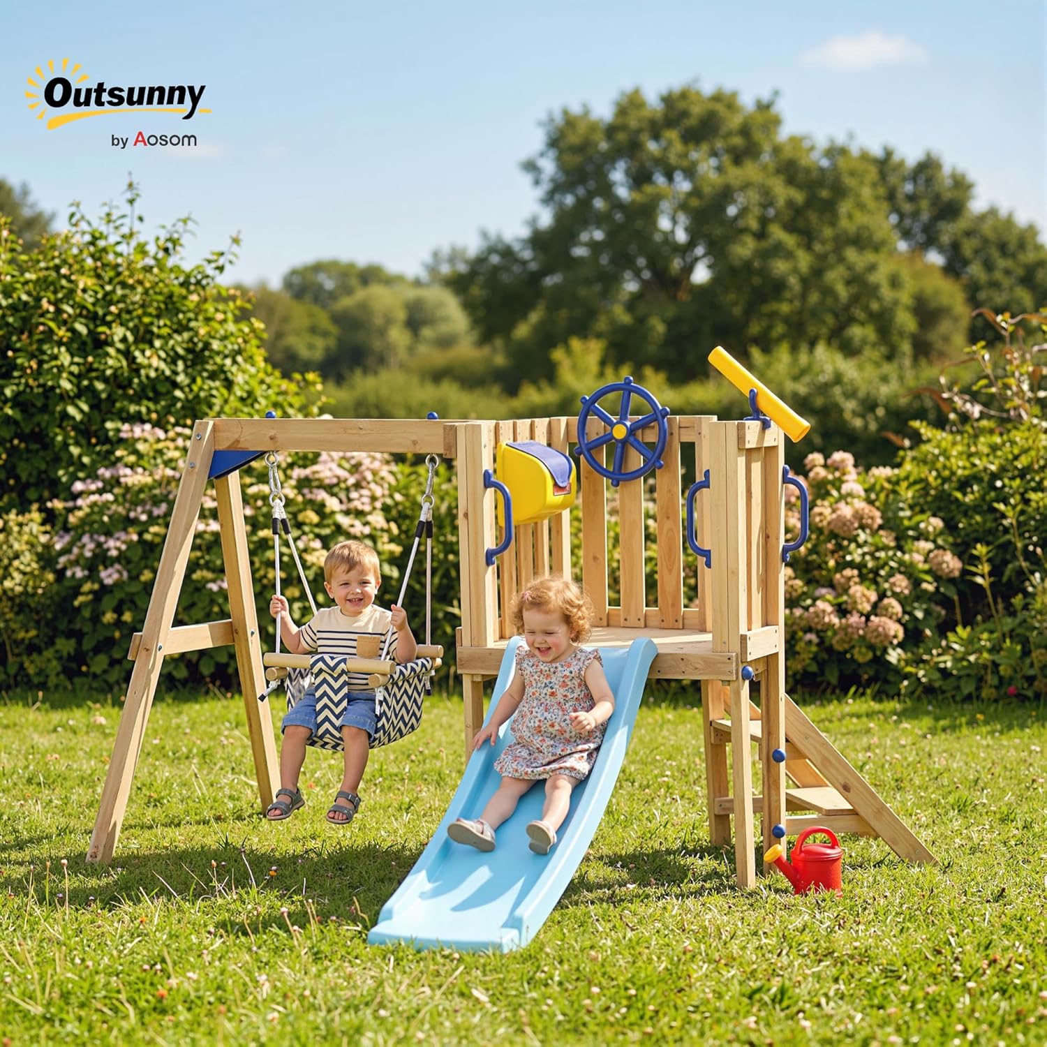 Swing Set for Backyard Wooden Toddler Playset Ages 1.5-4 Natural | Outdoor Playset, Baby Swing Seat, Kids Slide