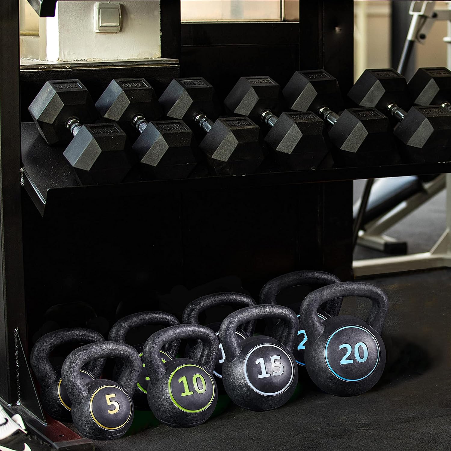 4 Piece Kettlebell Set 5lb 10lb 15lb 20lb Strength Training Black | HDPE and concrete kettlebells support varied