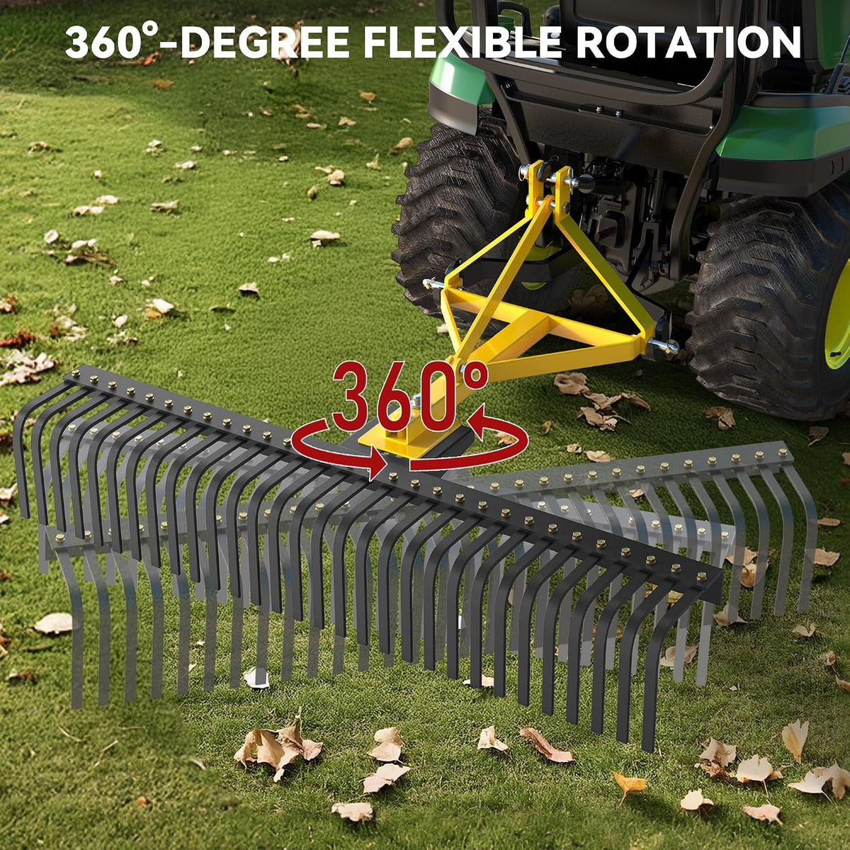 3 Point Landscape Rock Rake for CAT 1, 5 FT Attach Tractor Rake | 32 Heavy Duty Steel Tines, 360 Degree Rotation