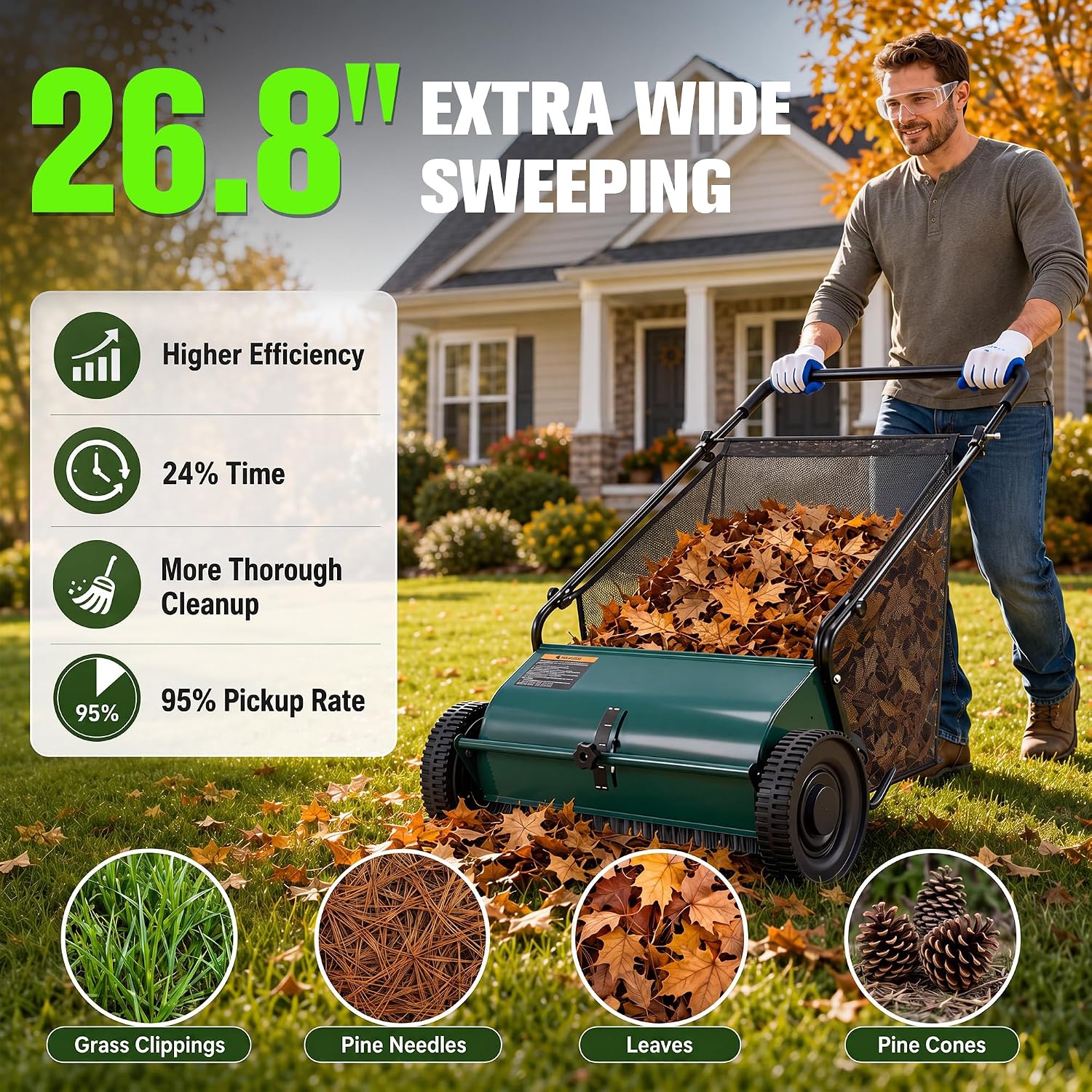26" Push Lawn Sweeper with 8 Cuft Hopper Bag,Adjustable Brush Height, Green