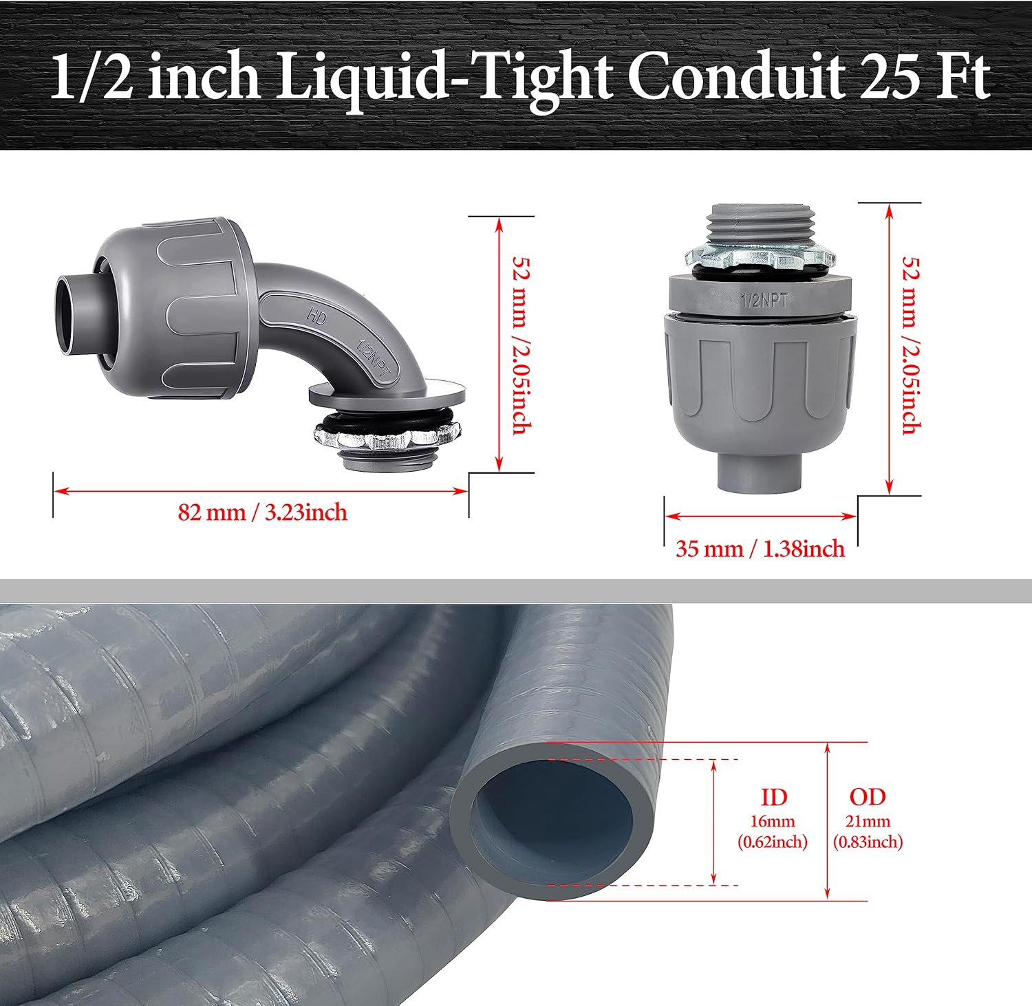 Liquid-Tight Conduit - 1/2inch 25 Foot Flexible Non Metallic Liquid Tight Electrical Conduit Kit, With 4 Straight and