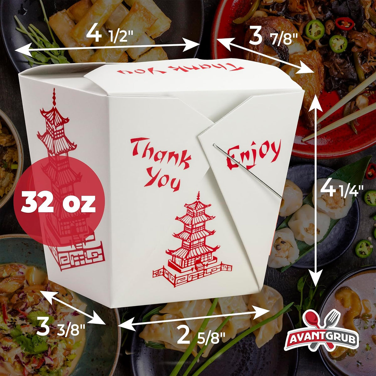 Durable 32 Oz Chinese Take Out Boxes. 25pk Food Containers With 25pk Sleeved and Separated Bamboo Chopsticks.