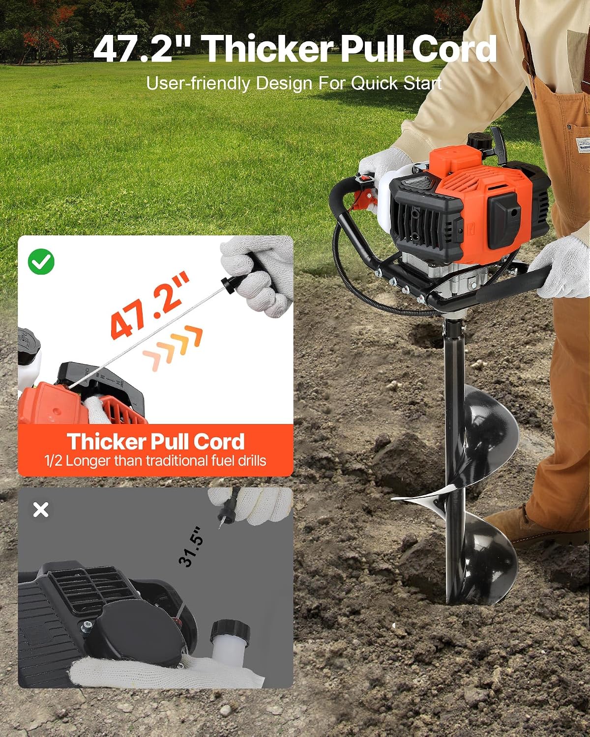 Gas Powered Post Hole Digger, 52cc Post Hole Auger with 6" & 10" Bits, 3 Extension Rods, 1450W Heavy-Duty Earth Auger