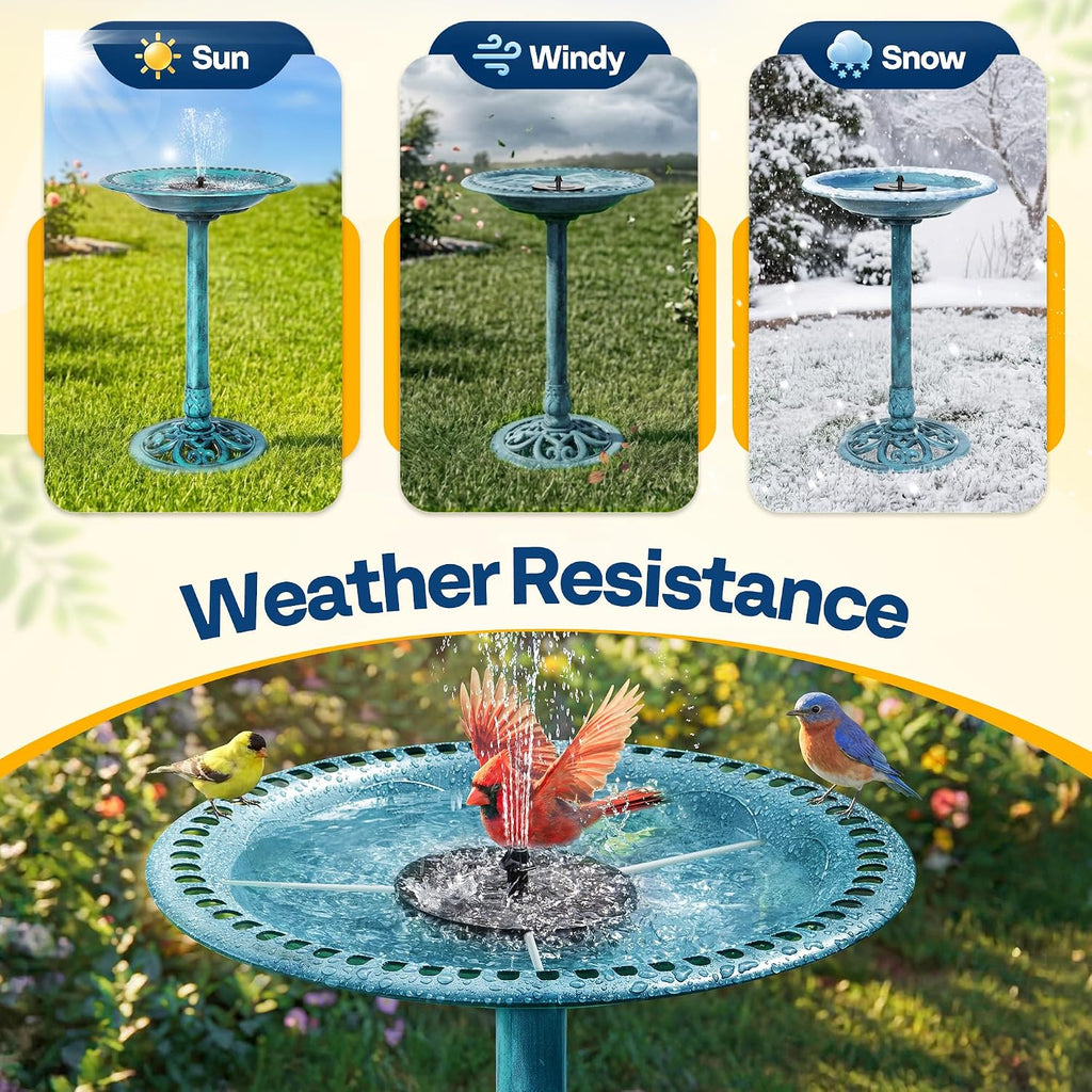 Bird Bath with Solar Fountain for Outside, Pedestal, Blue