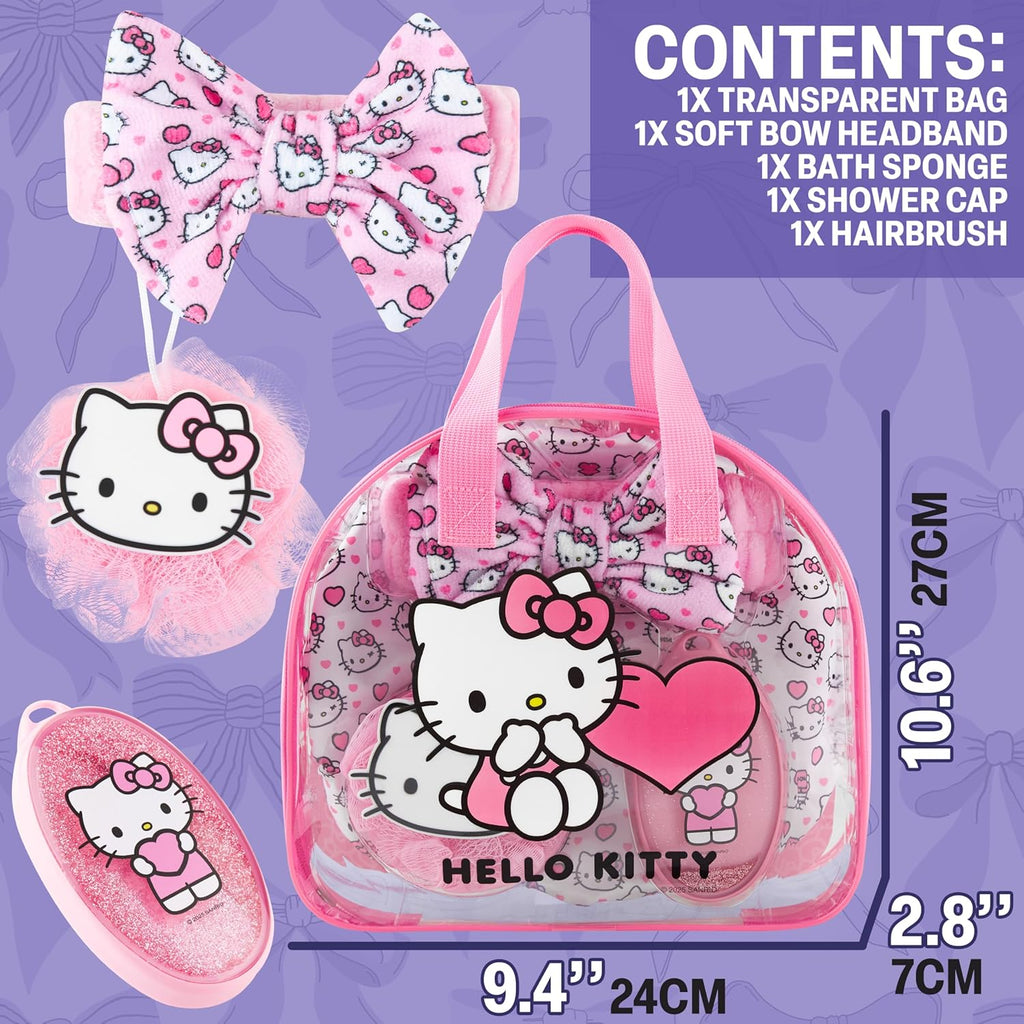 Hello Kitty Sanrio Shower Accessories Set, Kawaii Toiletry Bag with Shower Cap Headband Bath Sponge, Gifts for Girls