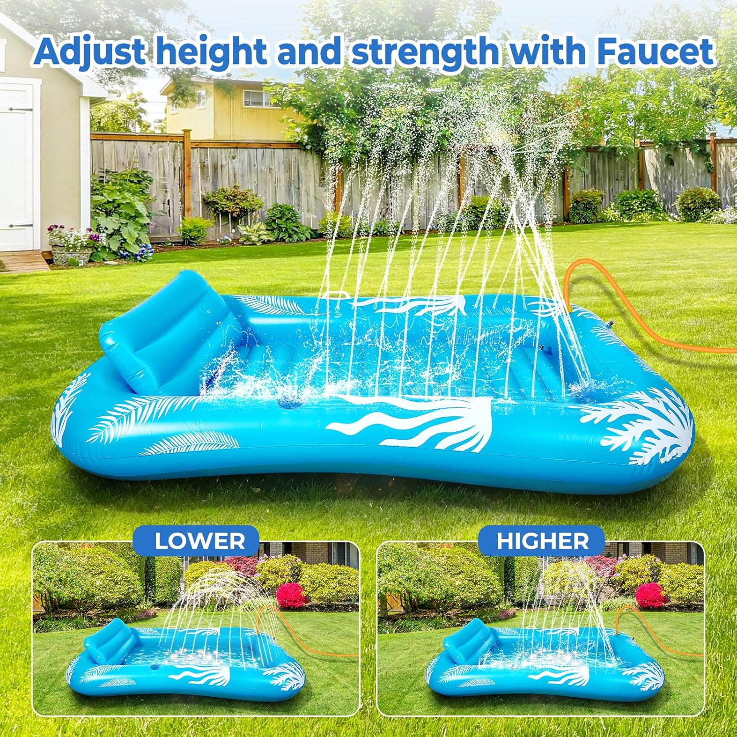 Inflatable Tanning Pool Lounger Float with Sprinkler-6 in 1 Suntan Tub Raft Floatie with Drink Holder Sunbathing