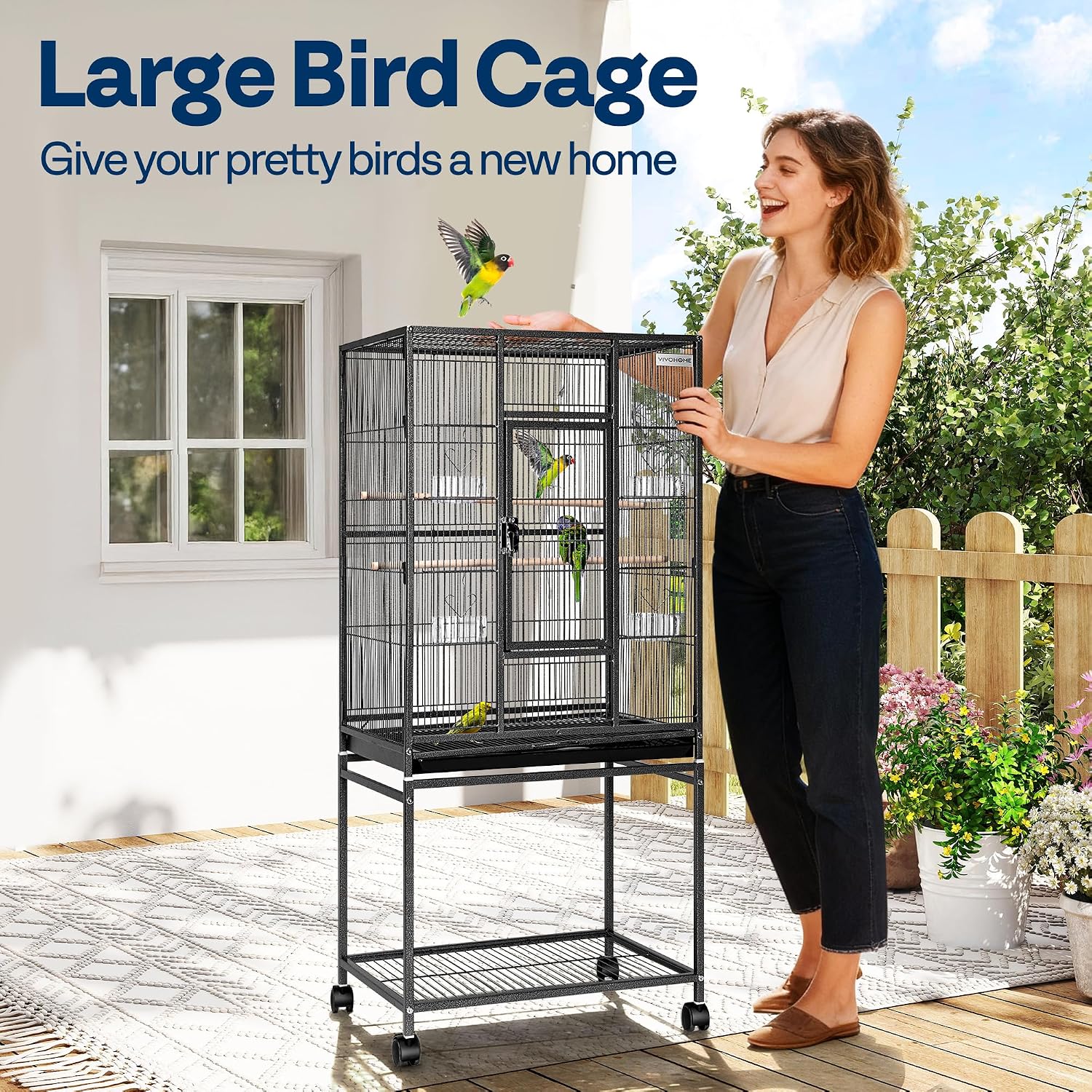 54 Inch Wrought Iron Large Bird Cage with Rolling Stand | Bird Flight Cage with Stand, Casters, Slide-out Tray for