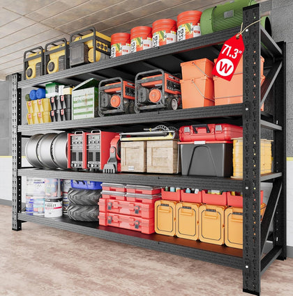 71.3" Wide Heavy Duty Garage Shelving Units,5000LBS Deep Storage Shelves,Black Metal Garage Shelves,Steel Shelf,Large