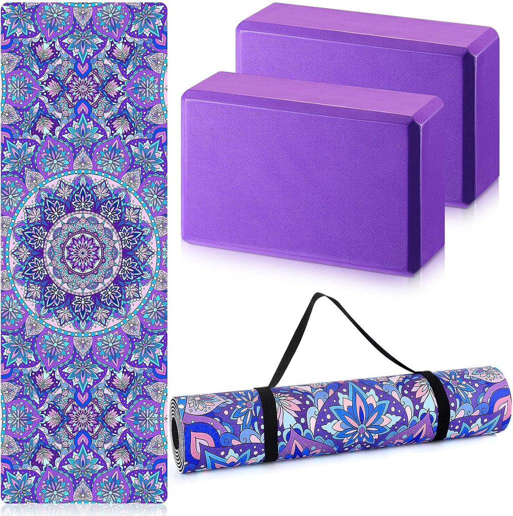 3 Pcs Yoga Mat Yoga Block 6 MM Thick Yogas Mat Non Slip with Carrying Strap Travel Mats for Exercise, Fitness
