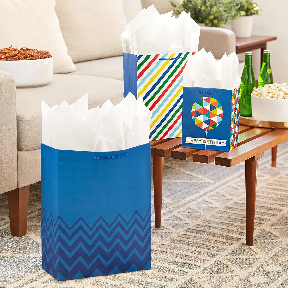 Gift Bag Assortment, 12-Pack, 3 Sizes (Birthday, Stripes, Dots)