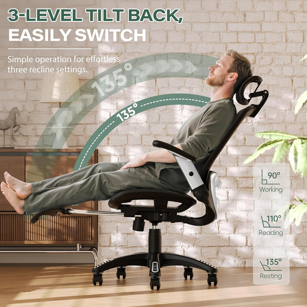Ergonomic Office Chair with Footrest, High Back Home Desk Chair - 3D Headrest, Flip-Up Arms, 135° Tilt and Wide
