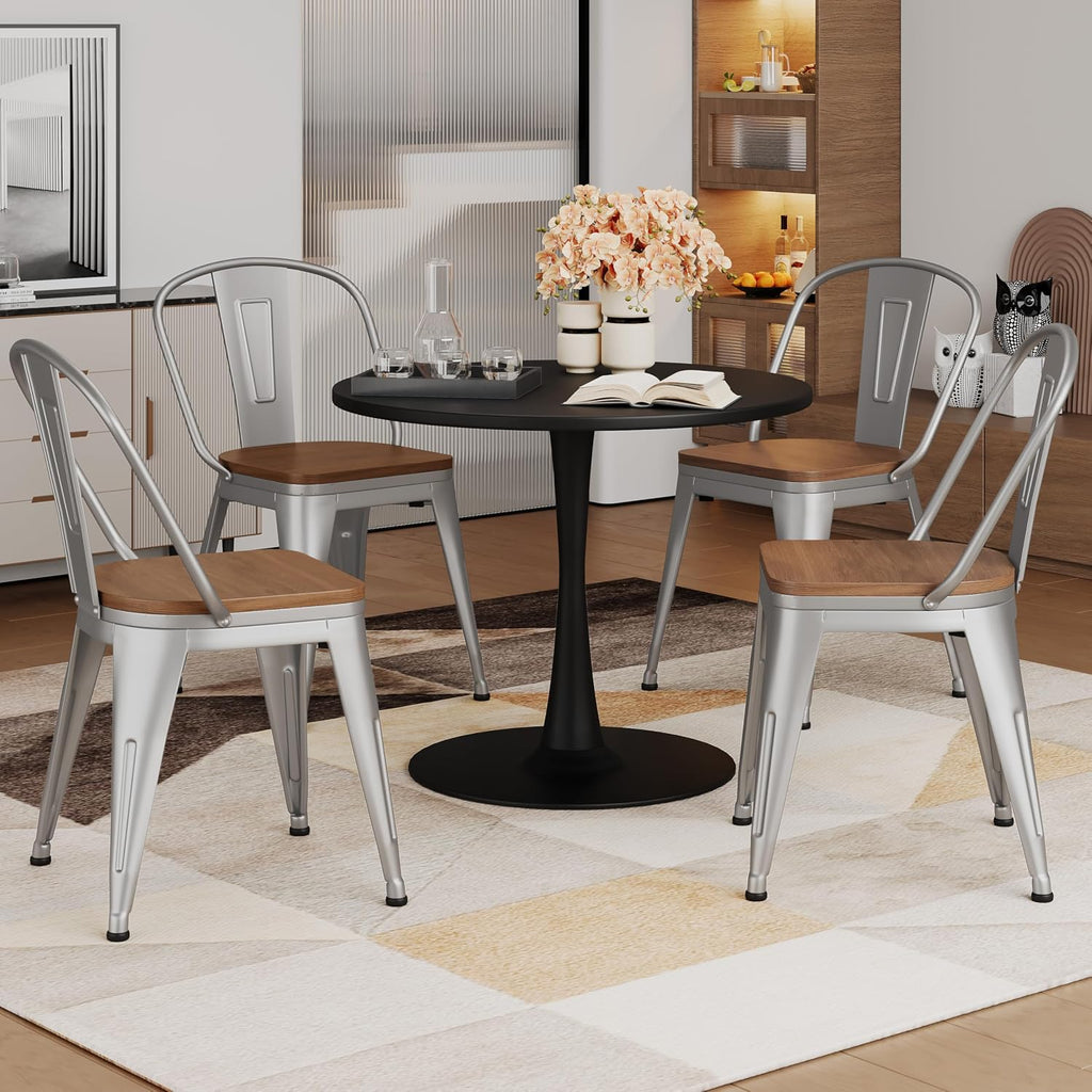18inch Dining Chair Set of 4, Chic Iron Farmhouse Chairs Side Stools-Silver