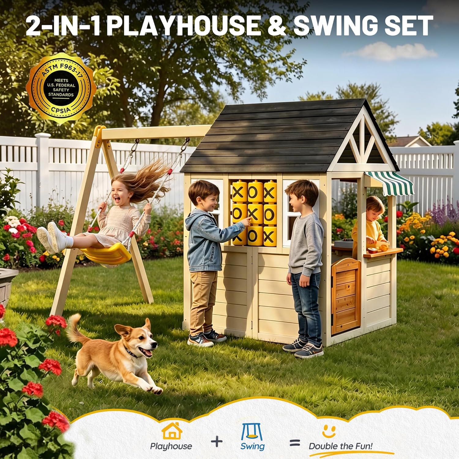 Wooden Playhouse with Swing Set for Kids, Ivory White Cedar Wood Outdoor Playset with Pet Door & Game Board