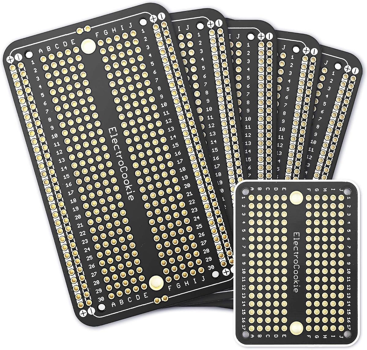 ElectroCookie Prototype PCB Solderable Breadboard for Electronics Projects Compatible for DIY Arduino Soldering Projects, Gold-Plated (5 Pack + 1 Mini Board, Matte Black)