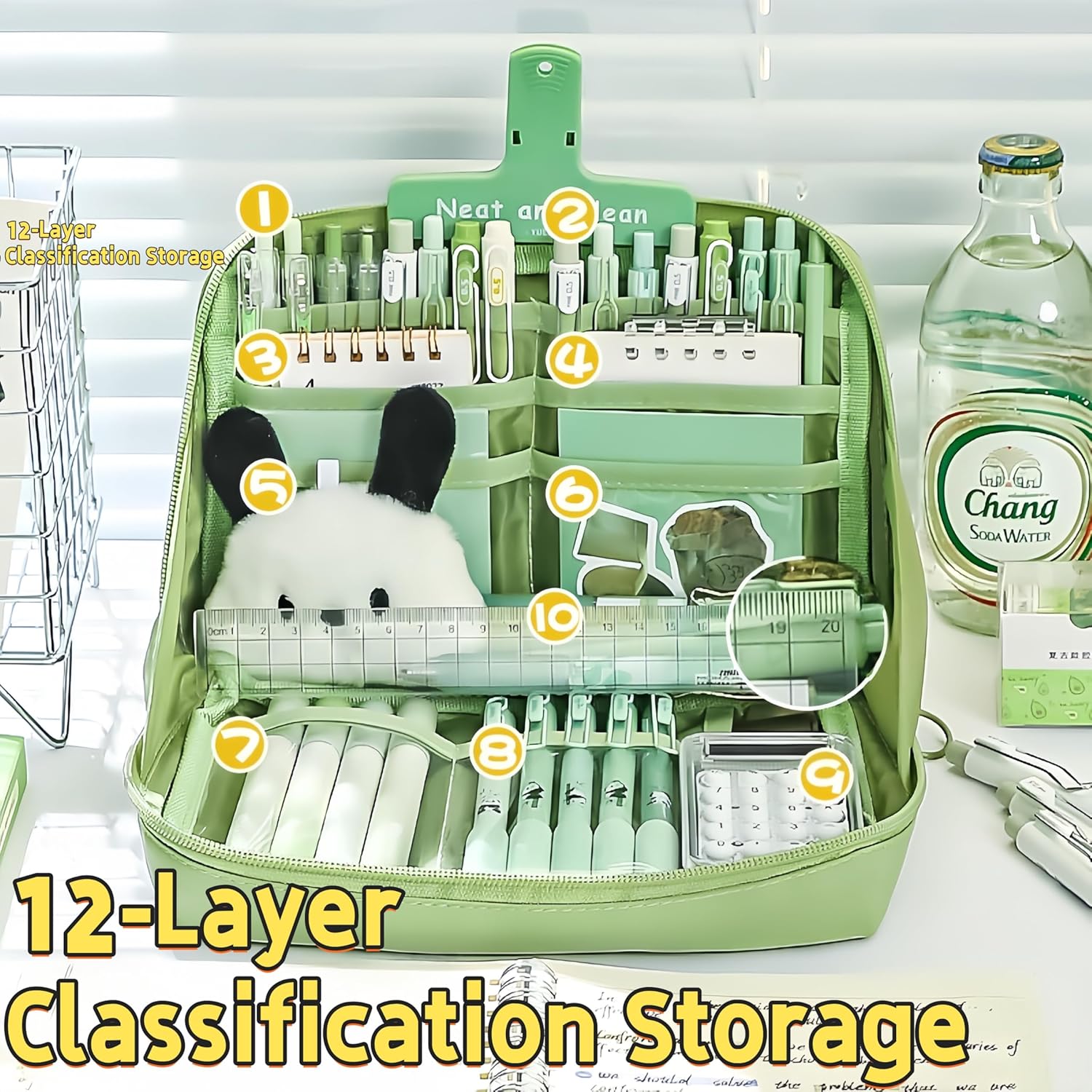 Kawaii Cute Pencil Pouch Aesthetic Standing Pencil Case (Green) | Large Capacity Stand Up Pencil Case, Cute Japanese