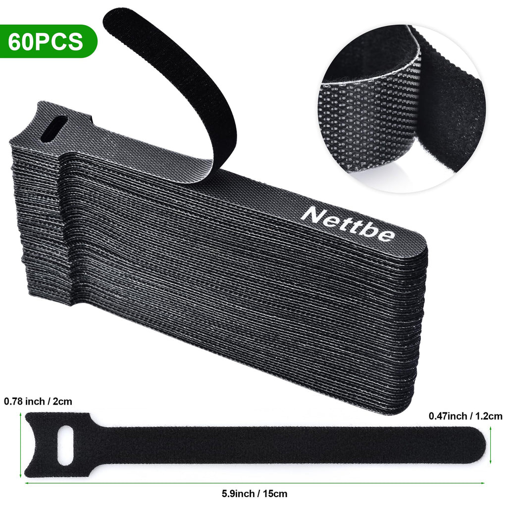 Nettbe 60 PCS 6 Inches Reusable Cable Ties, Adjustable Cord Straps Wire Organizer Cord Wrap and Hook Loop Cable Management