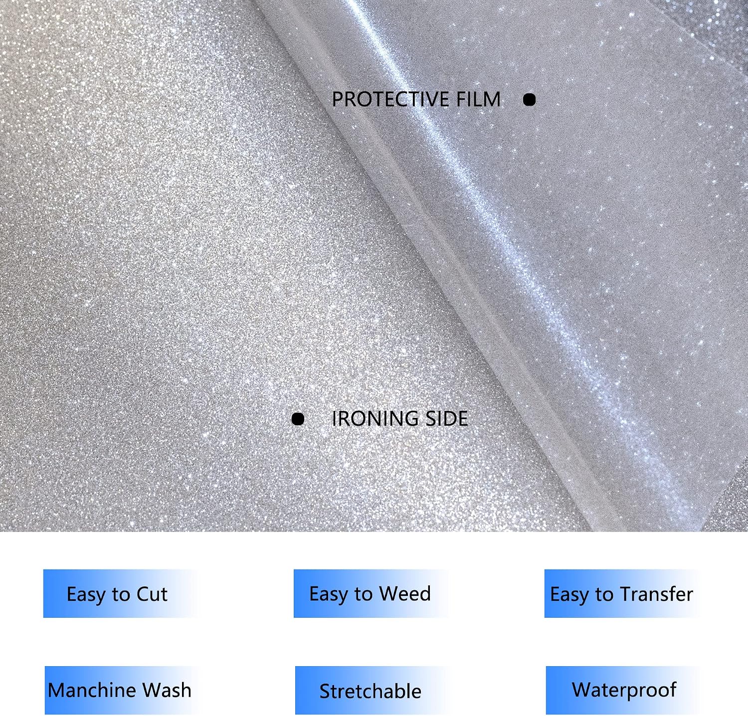 Glitter HTV Vinyl Rolls Heat Transfer Vinyl - 12" x 9ft Silver Glitter HTV Vinyl for Shirts, Iron on Vinyl for Cameo