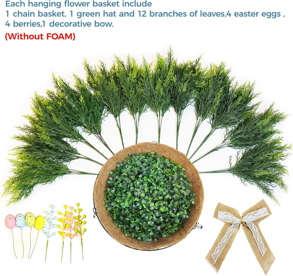 Set of 2 Easter Artificial Hanging Plant Flower Baskets, Fake Planter Hanging with 24 Pcs Cypress Leaves, Faux Ferns