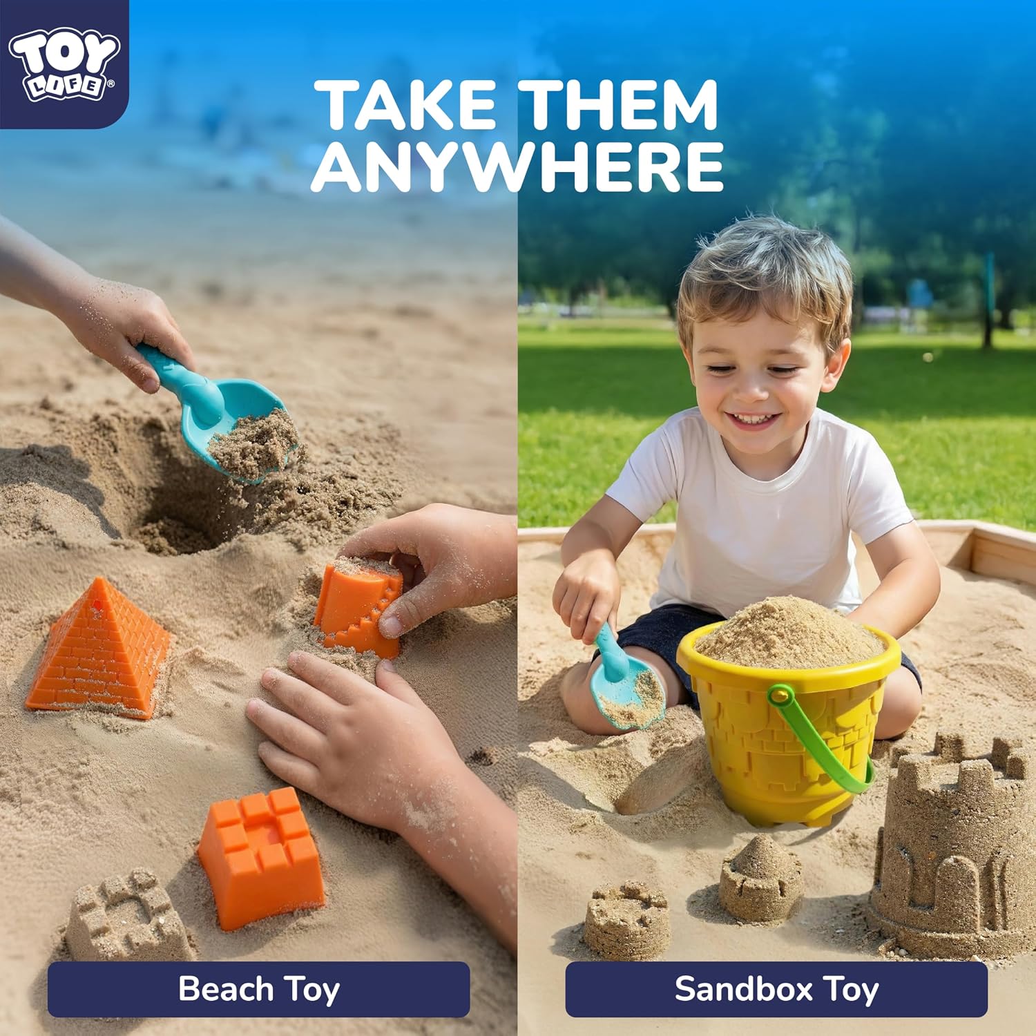 Beach Toys for Kids, 11-Piece Sand Castle Bucket & Sand Toys Set | 6 sand molds, 2 shovels, mesh bag, beach pail &