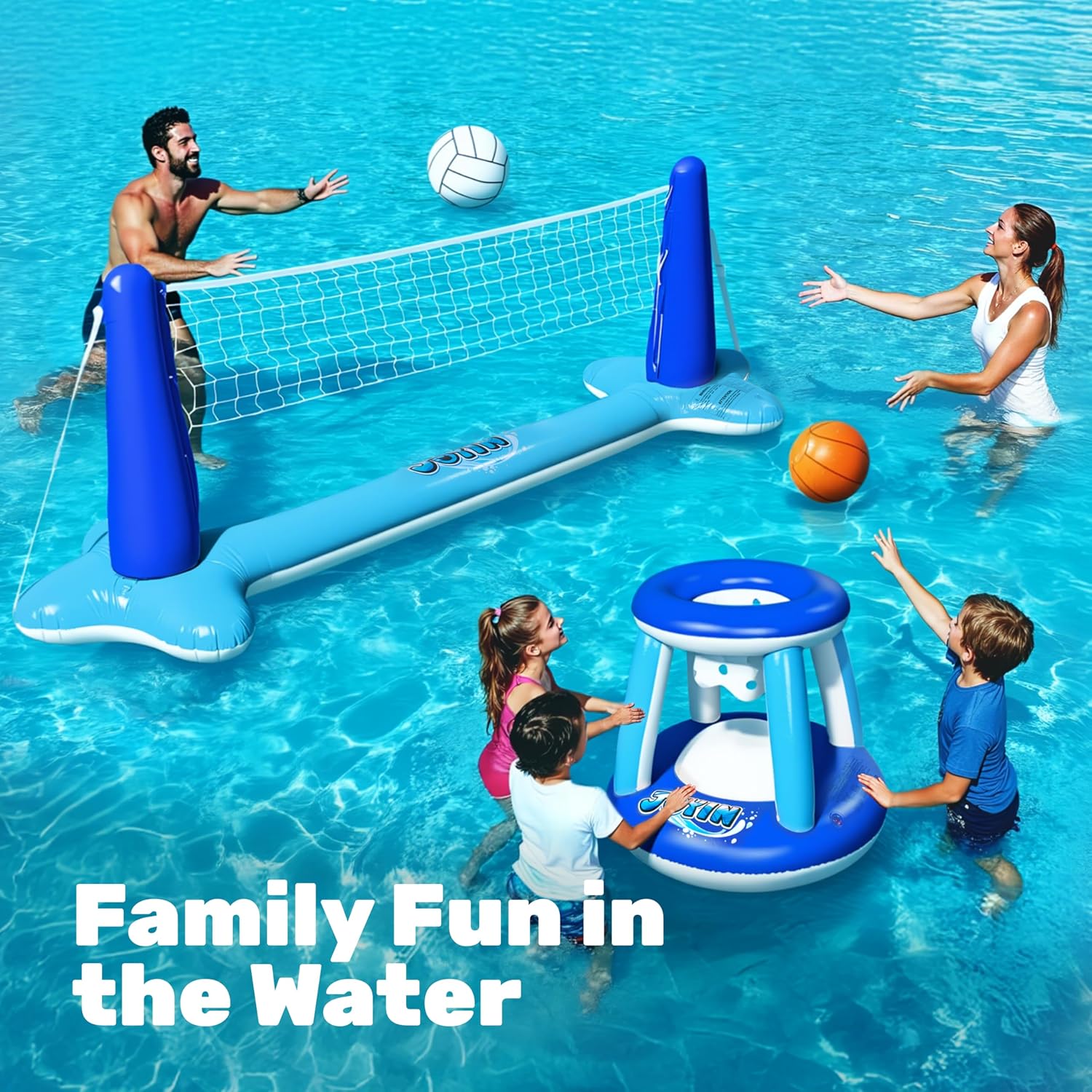 Inflatable Volleyball Net & Basketball Hoops Pool Float Set; Balls Included for Kids/Adults, Summing Pool Game