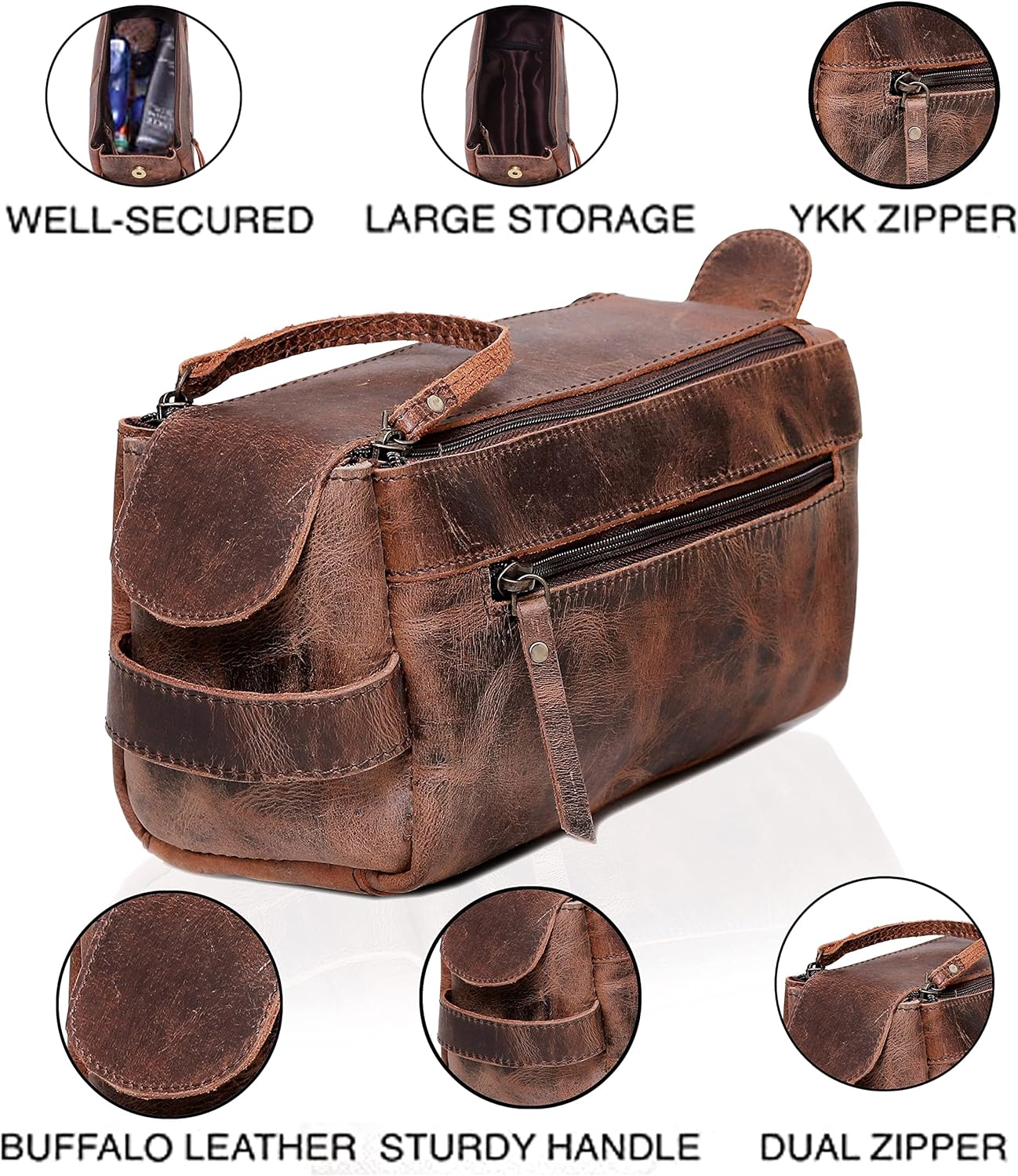 Genuine Buffalo Leather Unisex Toiletry Bag Travel Leather Dopp Kit Made With High Class Buffalo Leather