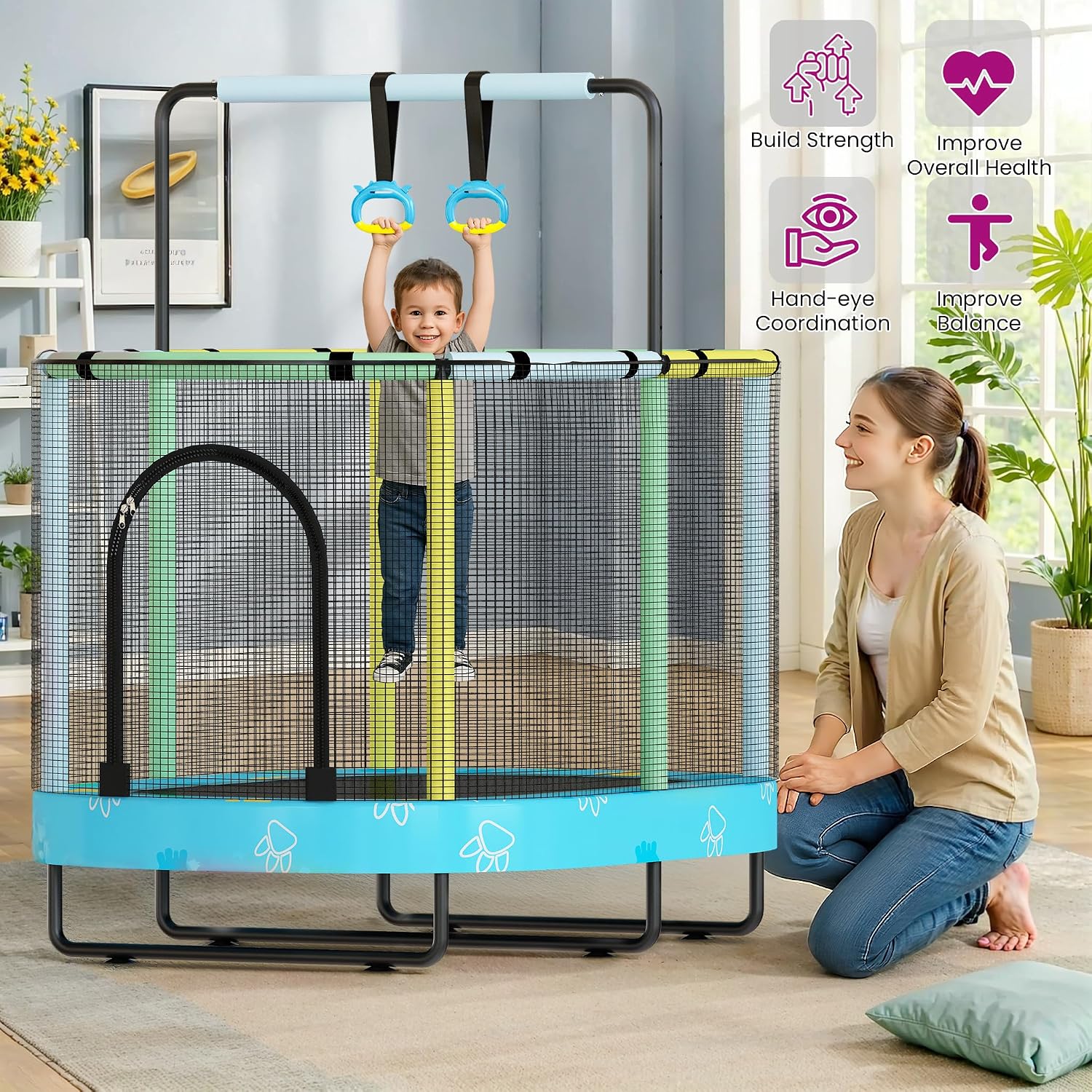 Kids Trampoline, Indoor Trampoline Approved by ASTM, Safety Enclosure Net and Adjustable Handrail, 1-8 Children