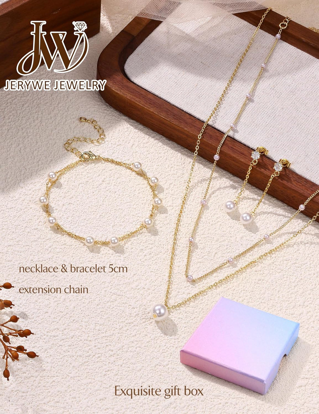 Gold Jewelry Set for Women 14K Gold Plated Layered Pearl Choker Necklace and Drop Earrings Set Adjustable Bracelets