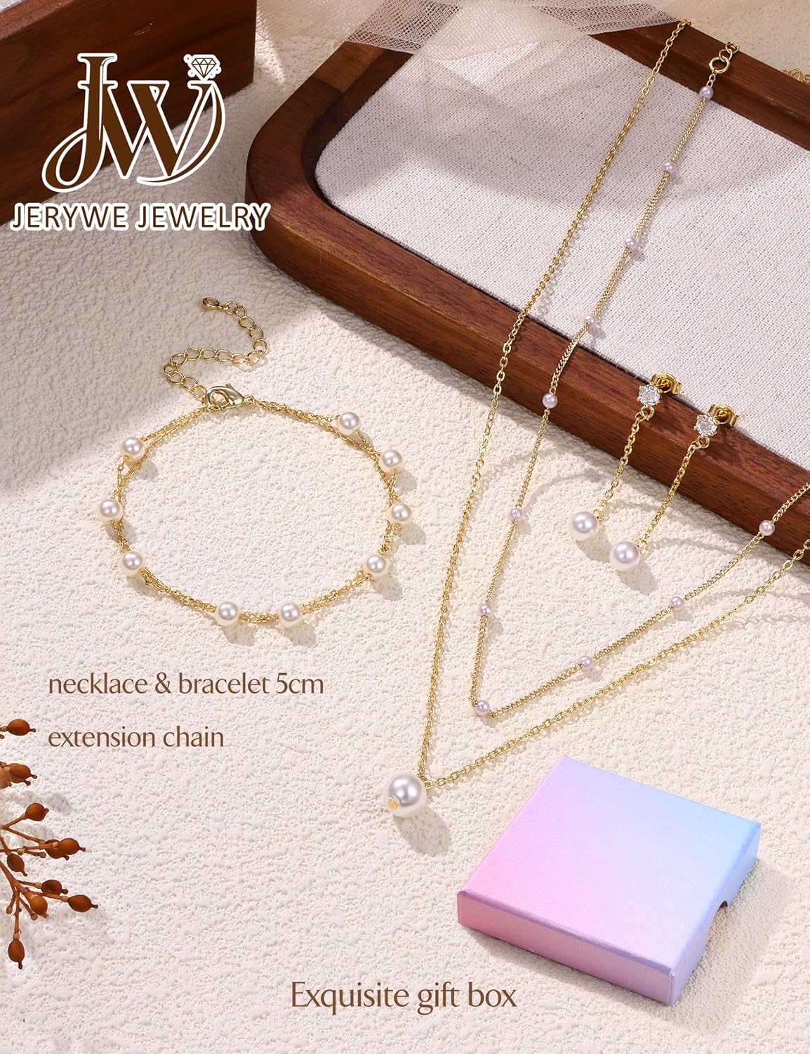 Gold Jewelry Set for Women 14K Gold Plated Layered Pearl Choker Necklace and Drop Earrings Set Adjustable Bracelets