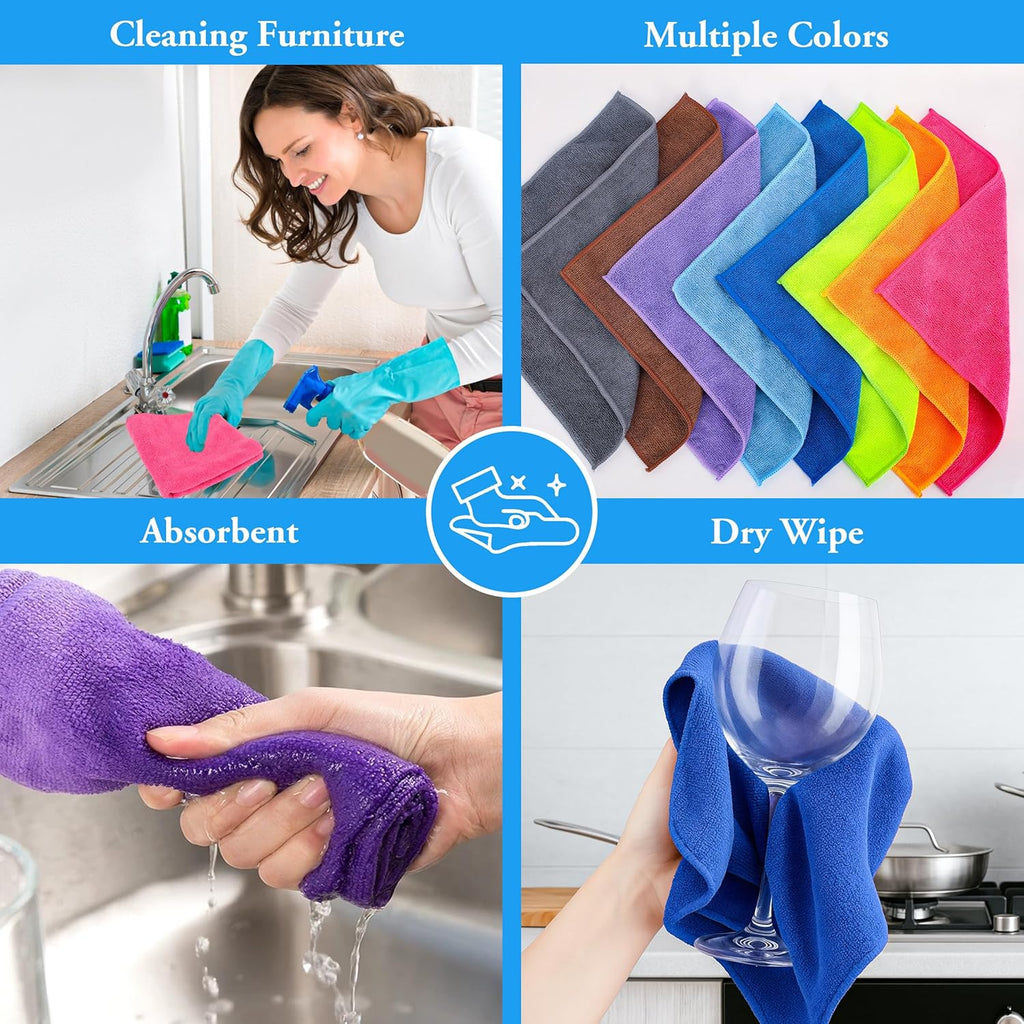 Microfiber Cleaning Cloths 16 Pack 8 Color Cleaning Rags for Housekeeping Home Kitchen Bathroom Car,11.5"X11.5" Soft