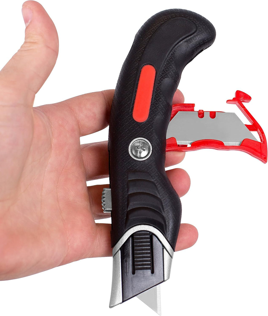 Ergonomic Utility Knife Set | Retractable Box Cutter with Rubber Handle | For Cutting Cardboard, Carpet & Plastic |