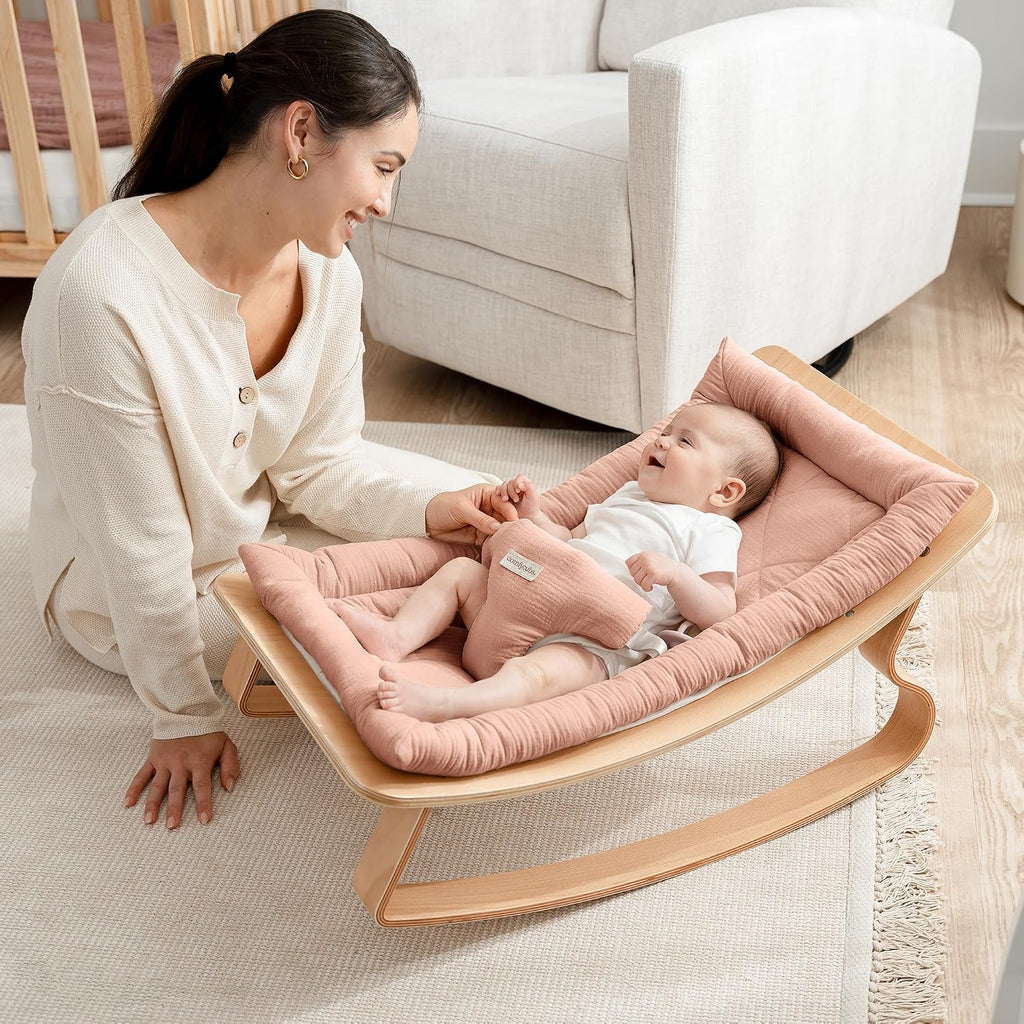 Baby Rocker for Ages 0-24 Months - Wooden Baby Recliner with Soft Removable Quilted Muslin Cotton Cushion - Designed