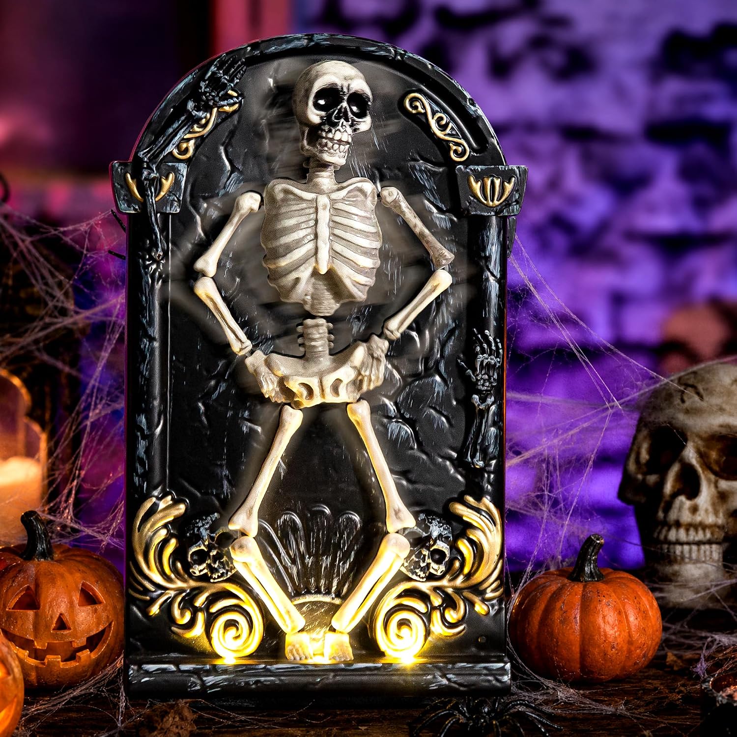Halloween Decorations Animatronic Dancing Skeleton Built-in Tombstone with Music, Posable Arms & Legs Haunted House