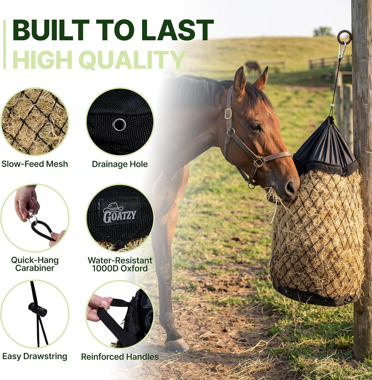 Slow Feed Hay Bag for Horses, Heavy Duty Hay Net for Horses Goats Sheep Donkey, Rigid Quick Fill Collar, 1.9 in Mesh