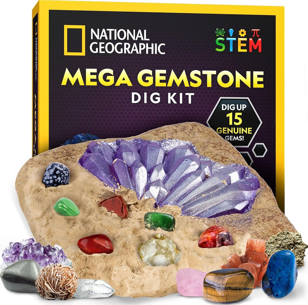 NATIONAL GEOGRAPHIC Mega Gemstone Dig Kit – Dig Up 15 Real Gemstones and Crystals, Science Kit for Kids, Gem Digging