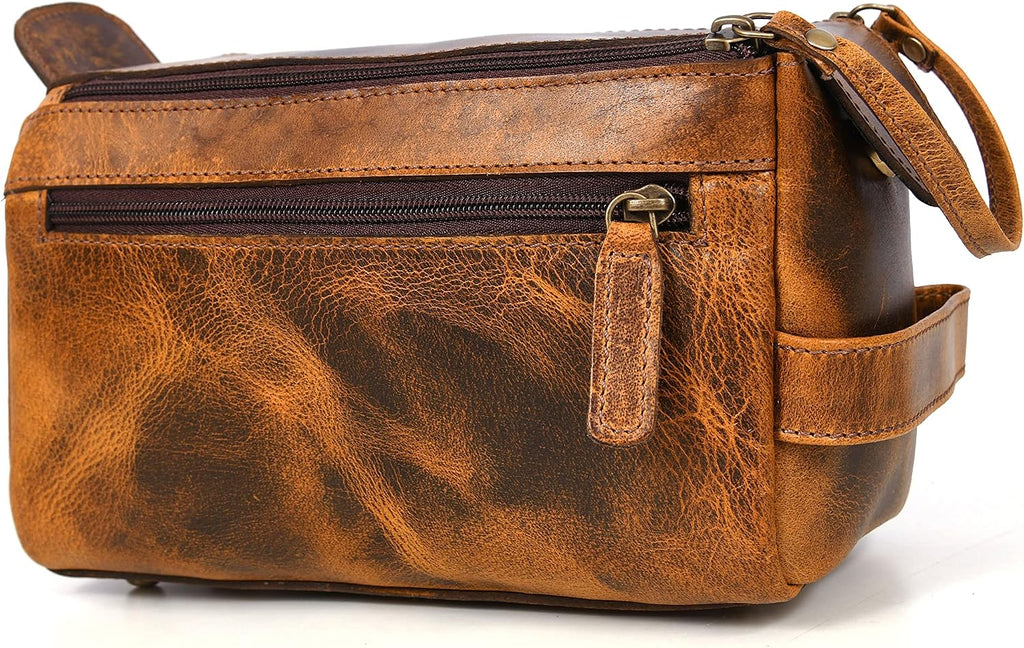 Leather Toiletry Bag for Men 9 Inch | Grooming Travel Kit | With Waterproof Lining | By Aaron Leather Goods (Raven Tan)