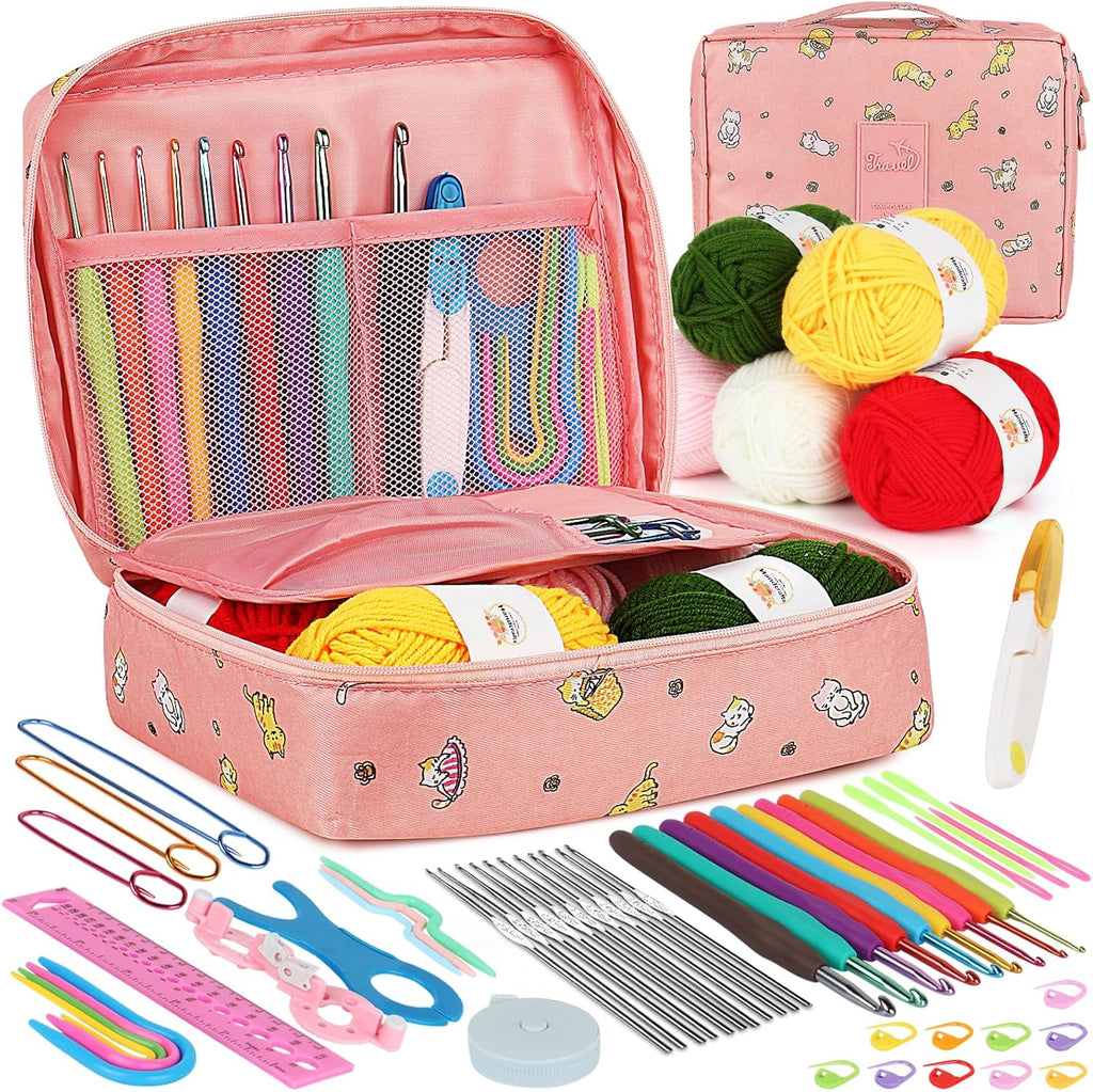 Crochet Kit for Beginners, 59pcs Crochet Starter Kits with Yarn, Ergonomic Hooks & Storage Case, Learn-to-Crochet Set