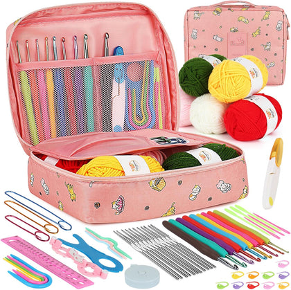 Crochet Kit for Beginners, 59pcs Crochet Starter Kits with Yarn, Ergonomic Hooks & Storage Case, Learn-to-Crochet Set