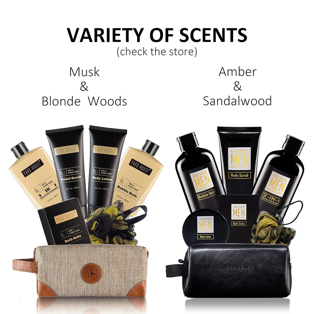 Bath and Body Spa Gift Baskets Set for Men - Sandalwood Amber - 7Pc Full Size Spa Kit in Toiletry Bag - Fathers Day