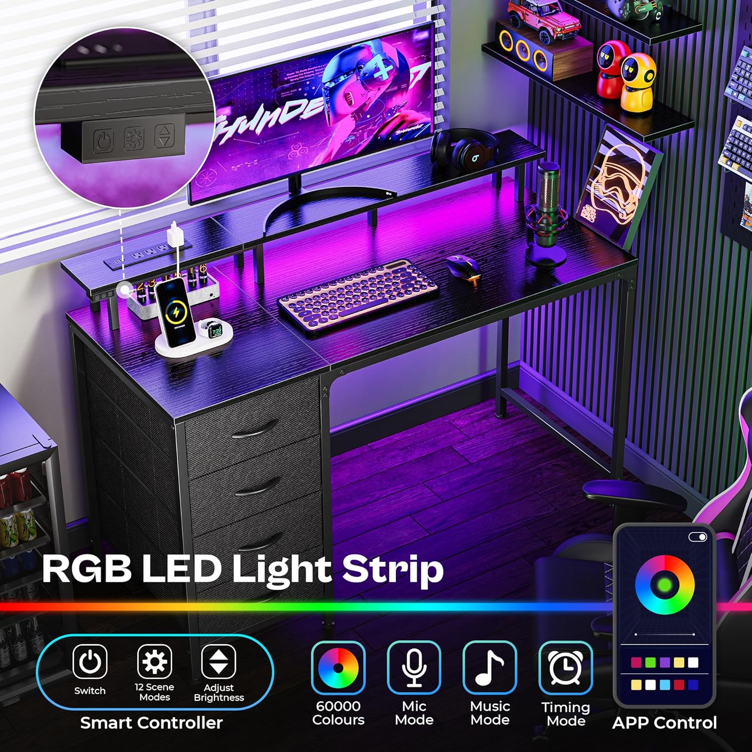 47 Inch Computer Desk with Power Outlets and LED Lights, Gaming Desk with 4 Drawers, Office Desk with Monitor Stand