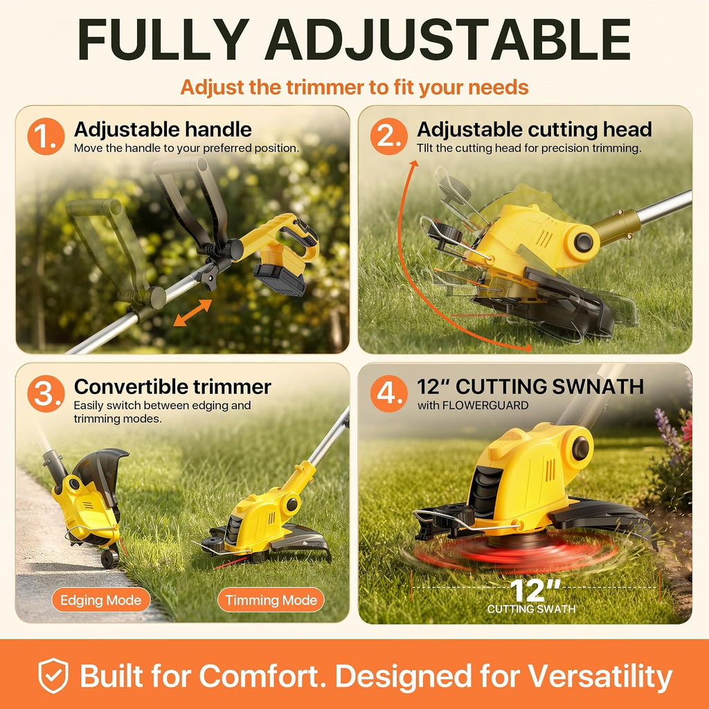 21V Cordless Weed Wacker,12 Inch String Trimmer with Auto Line Feed | Battery Powered Weed Eater with 2 x 2.0Ah