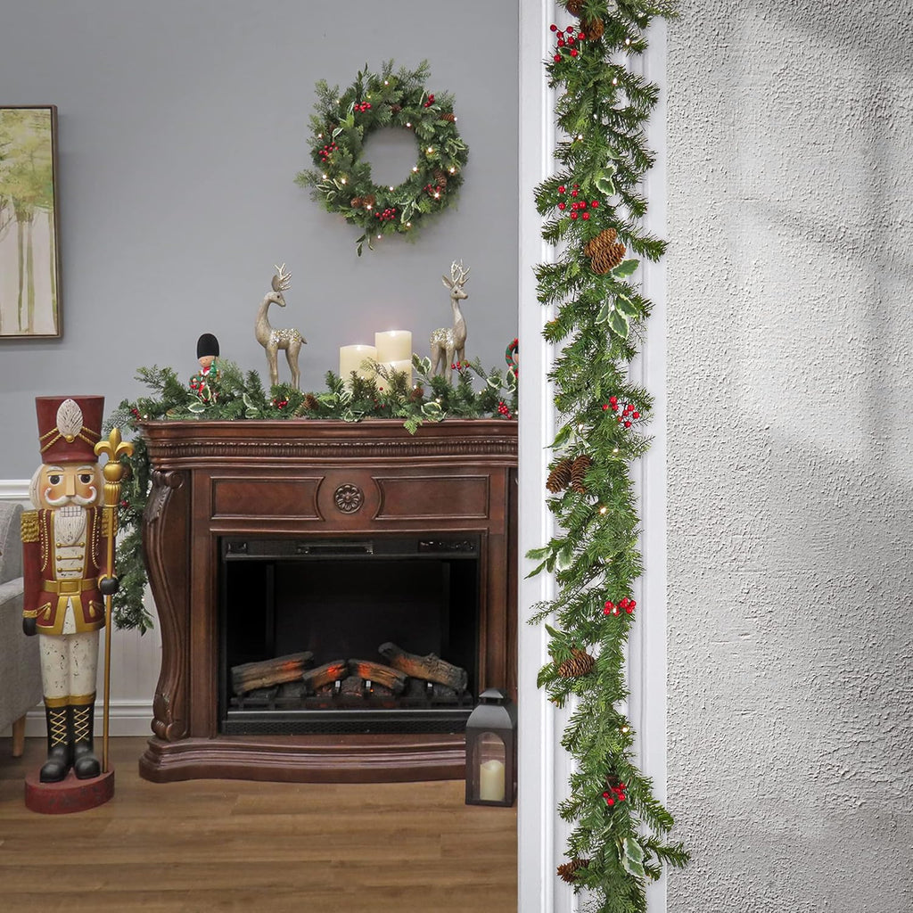 Pre-Lit Christmas Decoration Set | 1 Wreath, (2) 9ft Garlands, Decorated with Pinecones and Berries, Warm White LED