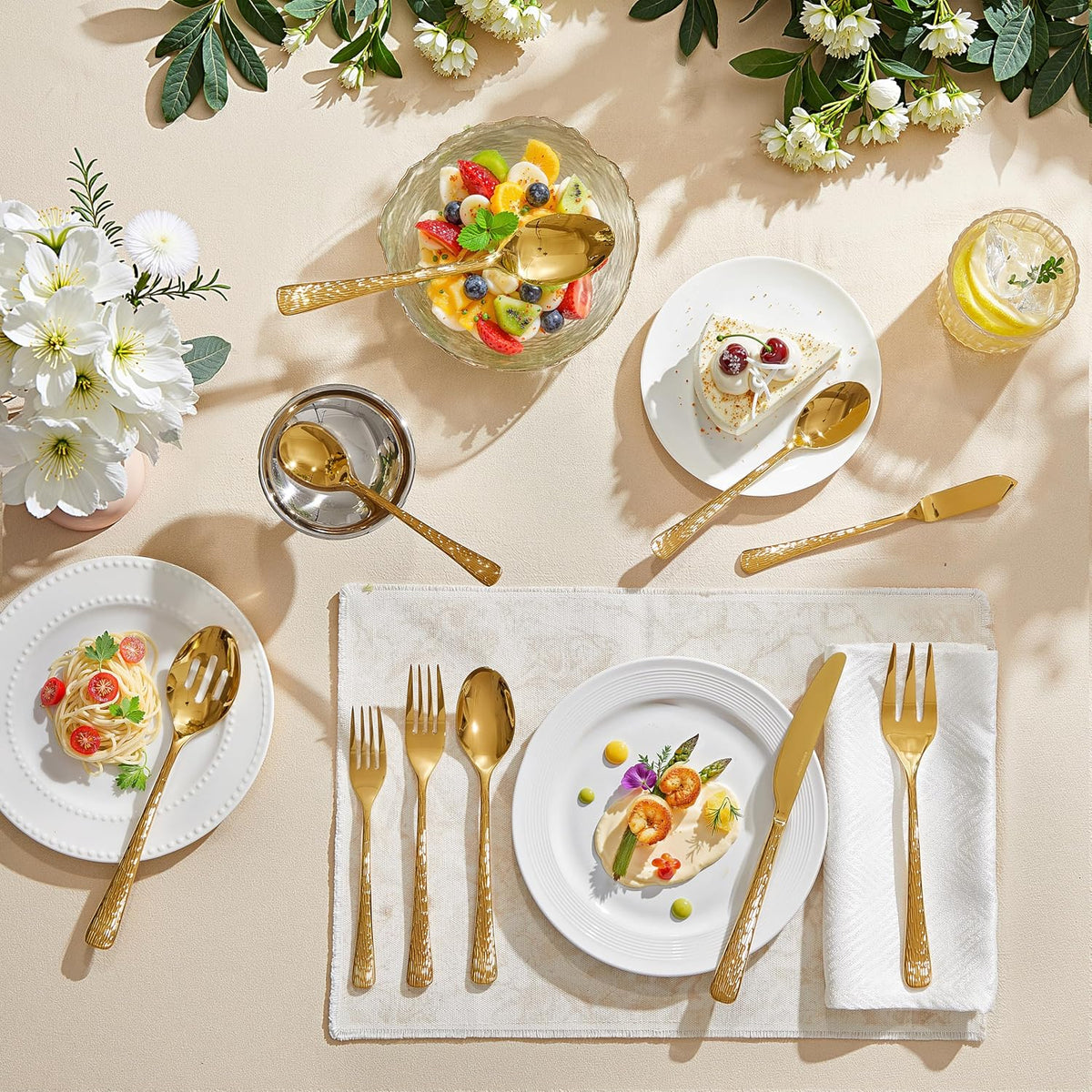 45 Piece Gold Silverware Set with Serving Utensils, 18/10 Stainless Steel