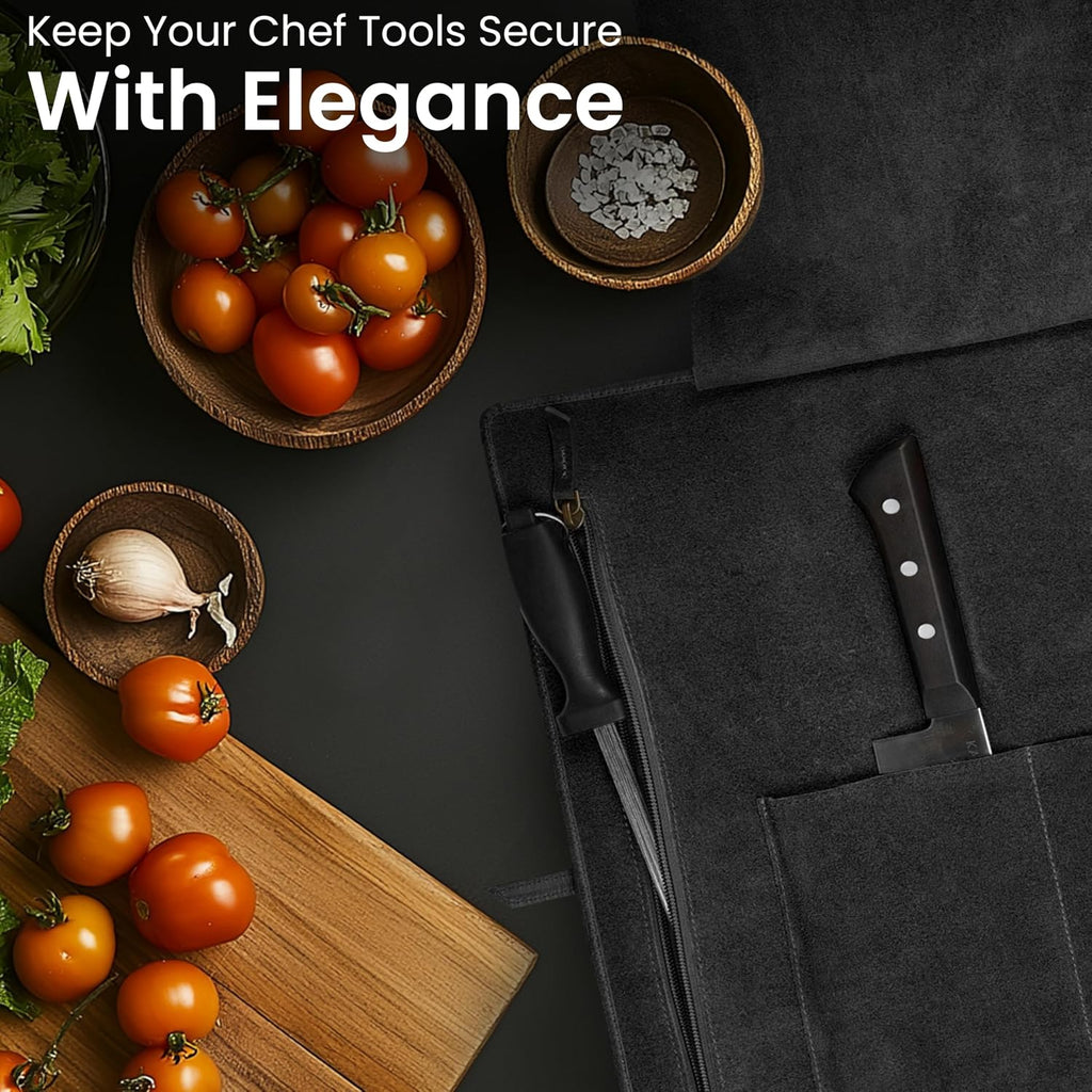 Genuine Leather Knife Roll Bag For Chef Professional-Black | Durable Sheath Holder, Cooks & Culinary Tools Organizer