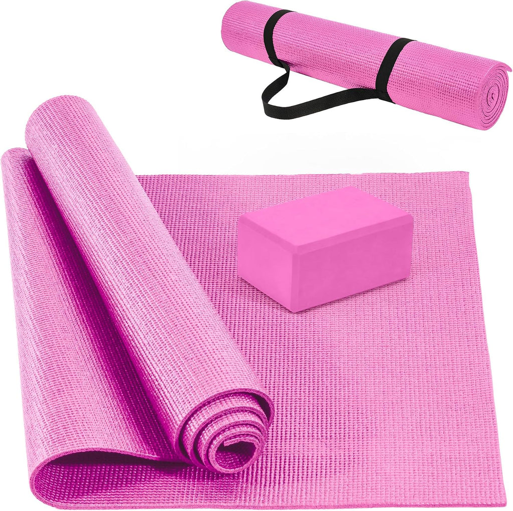 Signature Fitness All Purpose 0.25 Inch Thick High Density No Tear Exercise Yoga Mat with Strap & Lightweight