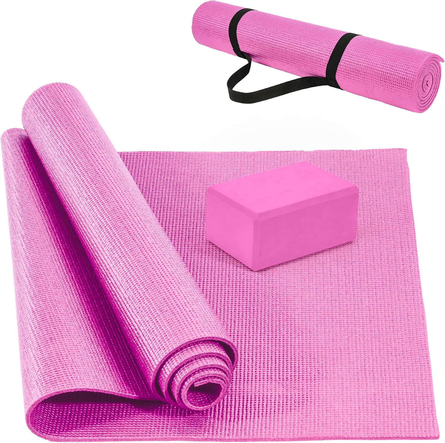 Signature Fitness All Purpose 0.25 Inch Thick High Density No Tear Exercise Yoga Mat with Strap & Lightweight