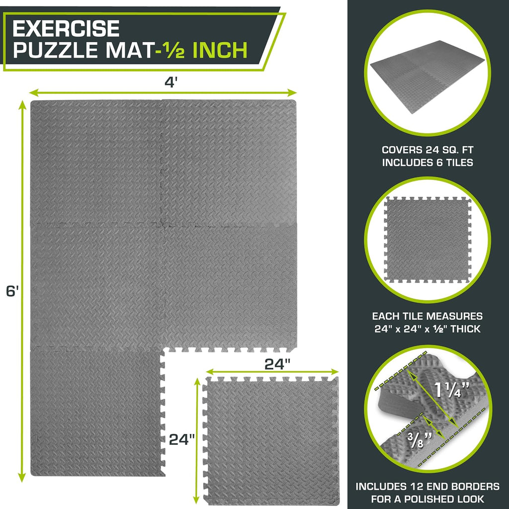 Exercise Puzzle Mat ½-inch, EVA Interlocking Foam Floor Tiles for Home Gym, Workout Equipment, Kids Play Areas, Grey